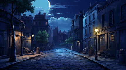 Night scene of a street in cityillustration painting .
