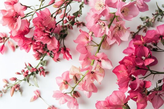 Flowers composition. Pink flowers on white background. Flat lay