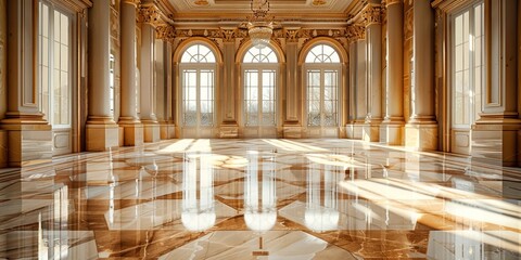 Grand foyer with intricately patterned flooring and luxurious architecture in opulent lighting