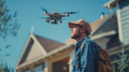 Professional man doing a house flight over mission using a drone on sky over house to measure and inspect roof,generative ai - obrazy, fototapety, plakaty