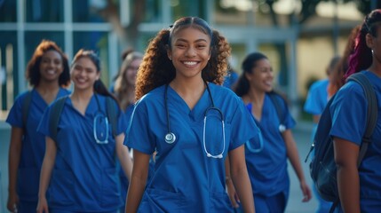 A diverse group of smiling female student nurses wearing blue scrubs walks together outside a medical school on a university hospital campus.