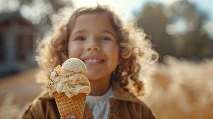 Girl holding an ice cream cone facing the camera outdoors