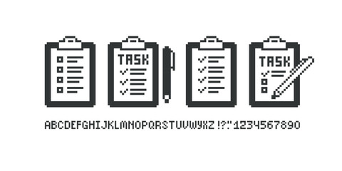 Retro Pixel Game style Note Task List isolated vector icon set. Checklist of completed tasks pixel perfect retro 8-Bit game graphics. Checklist data in pixel graphics style. To Do List icon