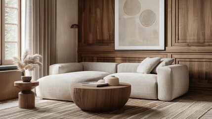 Realistic Round coffee table on beige rug near cozy sofa in room with classic paneling and poster....