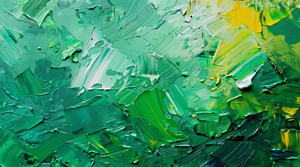 Oil paint strokes on wide canvas textured green background