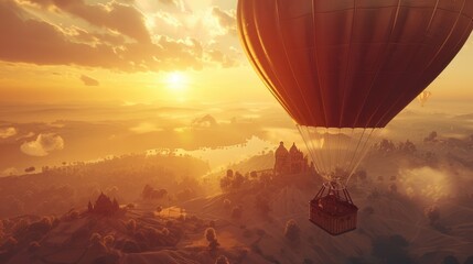 Sunrise Hot Air Balloon Ride Over Landscape, tranquil sunrise view with a hot air balloon floating above a picturesque landscape dotted with historical buildings and rolling hills