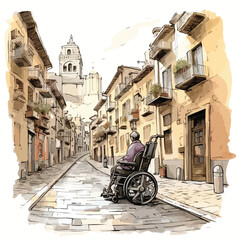 Motorized wheelchair user exploring a historic city s