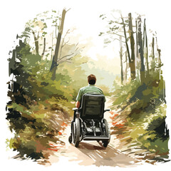 Motorized wheelchair user exploring a nature trail in - obrazy, fototapety, plakaty