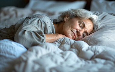 Mature woman peacefully resting solo in bed