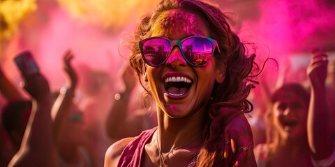 Obraz na płótnie Canvas Holi's festive fervor envelops the atmosphere, as revelers come together to celebrate in a riot of colors.