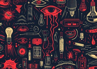 Abstract doodle art with eyes and objects. A monochromatic doodle art style image, featuring eyes, light bulbs, syringes, and various abstract shapes