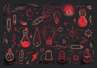 Abstract doodle art with eyes and objects. A monochromatic doodle art style image, featuring eyes, light bulbs, syringes, and various abstract shapes