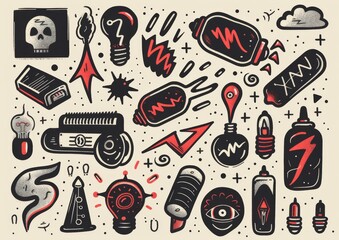 Abstract doodle art with eyes and objects. A monochromatic doodle art style image, featuring eyes, light bulbs, syringes, and various abstract shapes