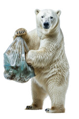 un ours polaire blanc tient un sac poubelle avec sa patte pour sensibiliser les gens à ramasser leurs déchets - obrazy, fototapety, plakaty