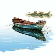 Rowboat drifting on a calm lake with a fishing rod