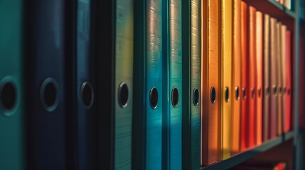 A neatly organized shelf of colorful office binders creating a gradient effect and representing order and efficiency in the workplace