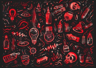 Abstract doodle art with eyes and objects. A monochromatic doodle art style image, featuring eyes, light bulbs, syringes, and various abstract shapes