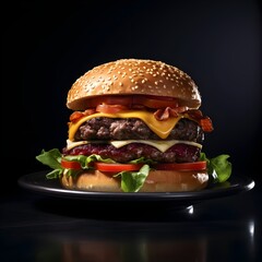 hamburger on a plate, Delicious Burger Delight, Gourmet Patty on Plate, Dark Background, flavorful delicious fresh burger with dark background