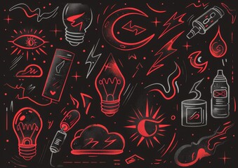 Abstract doodle art with eyes and objects. A monochromatic doodle art style image, featuring eyes, light bulbs, syringes, and various abstract shapes