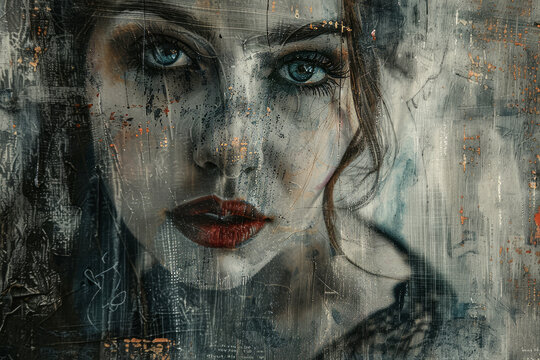 A captivating female portrait merges with abstract grunge textures, evoking a sense of mystery. Made in mixed media — photography, acrylic, graphite, and pixel art