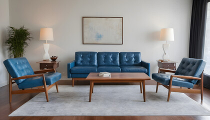 Mid-century-style-home-interior-design-of-modern-living-room--White-sofa-and-blue-leather-chairs-near-wooden-coffee-table