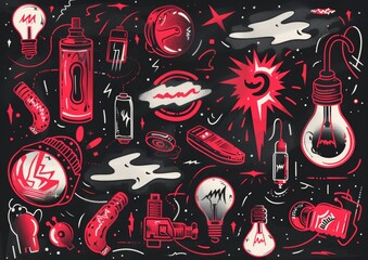 Abstract doodle art with eyes and objects. A monochromatic doodle art style image, featuring eyes, light bulbs, syringes, and various abstract shapes