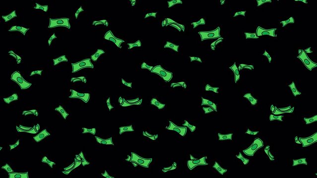 money rain, money fall, green money, ten second, transparant screen 4k cartoon animation.