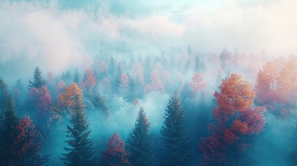 Misty Autumn Forest Scene, dreamy aerial view of a misty forest with a spectrum of autumn colors, conveying a serene and mystical atmosphere - obrazy, fototapety, plakaty