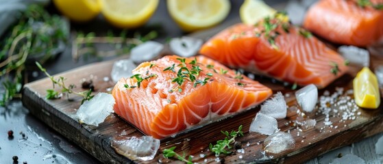 Traditional Good Friday fish food, Easter food concept - Fresh salmon steak fillet on a board in the kitchen on the table, decorated with ice cubes and lemon slices, top view - obrazy, fototapety, plakaty