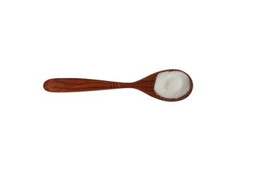 Food additive E316 in wooden spoon on white background. White powder with chemical formula C6H7NaO6 used in meats, poultry, soft drinks. Sodium erythorbate or sodium isoascorbate