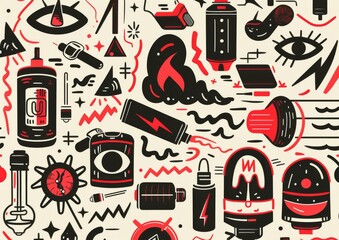 Abstract doodle art with eyes and objects. A monochromatic doodle art style image, featuring eyes, light bulbs, syringes, and various abstract shapes