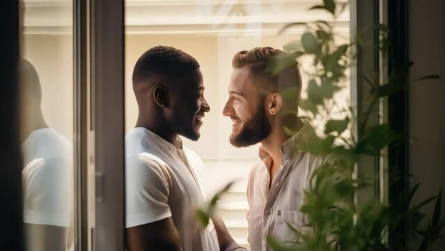 In love gay couple smile and happy in home.