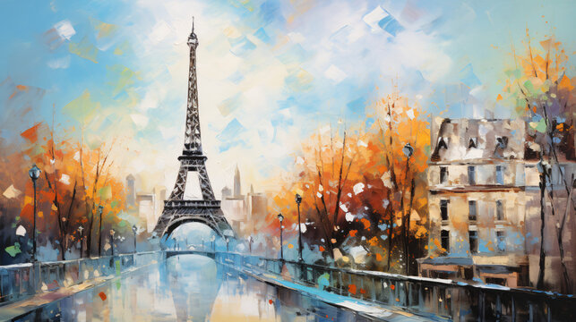 Oil painting  Eiffel Tower with abstract background