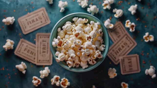 Theatre Movie Night Concept with Popcorn and Ticket. Enjoy Flat Lay of Motion Picture Entertainment for Cinema or Home Theatre