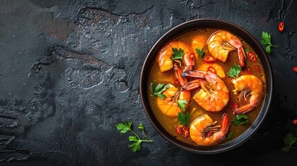 Top View of Authentic Thai Tom Yum Soup with Shrimp in Black Bowl. Delicious Asian Spicy Soup served on Dark Background