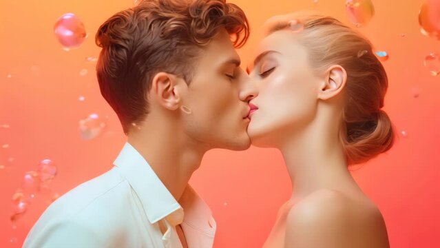Retro style color of young couple kissing.