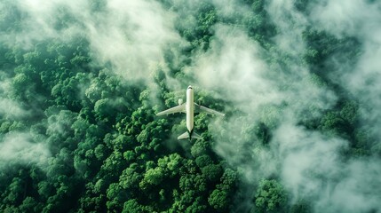 Aerial view of a commercial airplane flying above a dense green forest surrounded by mystical fog