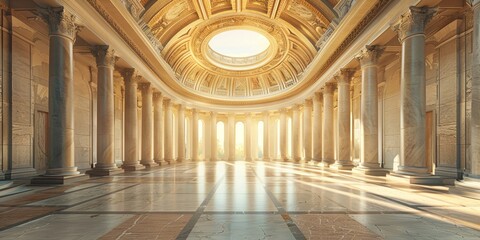 Opulent classic rotunda interior with Corinthian columns and radiant sunlight - obrazy, fototapety, plakaty
