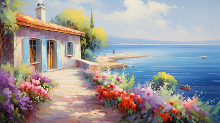 Oil painting  house near the sea colorful flowers sum - obrazy, fototapety, plakaty