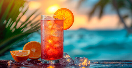 Cocktail on the beach, citrus alcoholic drink - AI generated image