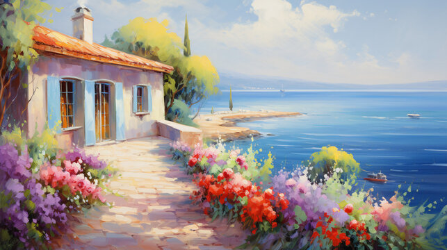 Oil painting  house near the sea colorful flowers sum