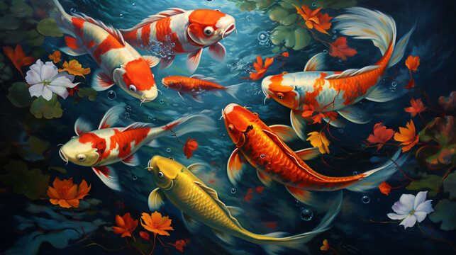 Oil Painting  Koi fishes gather together ..