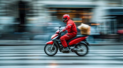 Fototapeta na wymiar Blurred motion of a delivery man riding a red motorcycle through urban streets, emphasizing speed and urgency