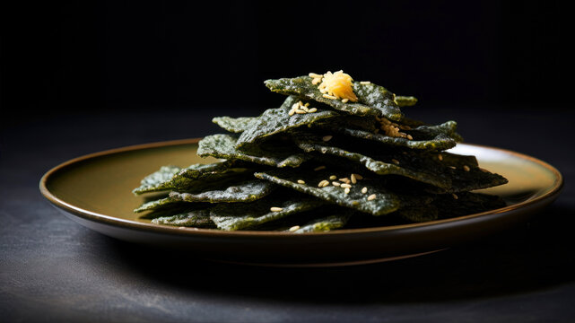 Spinach chips with sesame seeds on a dark background.