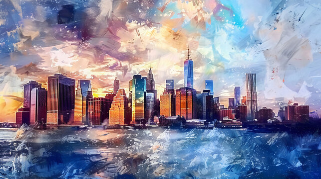 Oil Painting  New York City Skyline ..