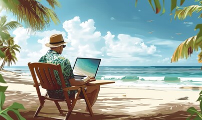 Teleworking at the beach, business, laptop, working on a laptop outside, in front of the sea, teleworking from everywhere, man siting at the beach with a laptop, working from abroad, Generative AI  - obrazy, fototapety, plakaty