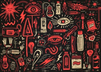 Abstract doodle art with eyes and objects. A monochromatic doodle art style image, featuring eyes, light bulbs, syringes, and various abstract shapes