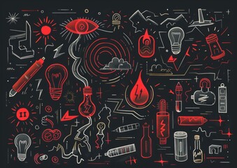 Abstract doodle art with eyes and objects. A monochromatic doodle art style image, featuring eyes, light bulbs, syringes, and various abstract shapes