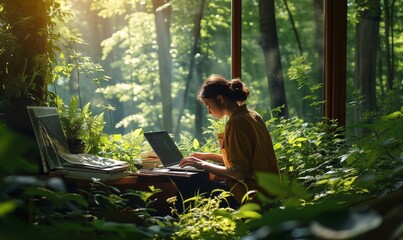 Woman working in nature, teleworking, plant a tree, woman with laptop in a forest, computer, informatic, feeling good at work, working from home, remote working, Generative AI  - obrazy, fototapety, plakaty