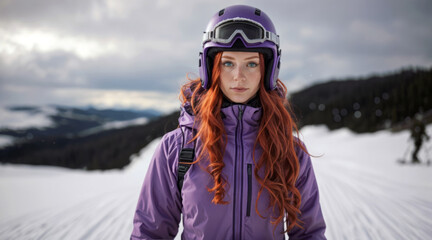 Portrait of a red-haired woman in a ski suit